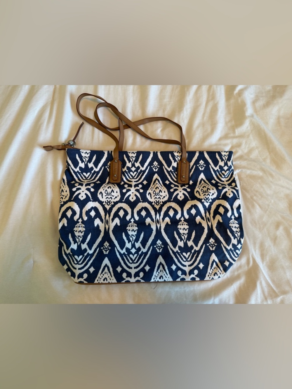 Navy and White Stella and Dot Tote Bag with Brown Handles